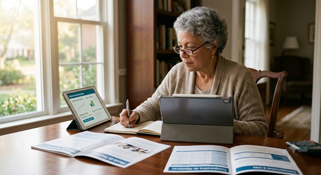 Mujer mayor enfocada en su escritorio de casa, comparando opciones financieras y de seguros de vida en una tablet, representando la toma de decisiones informada.