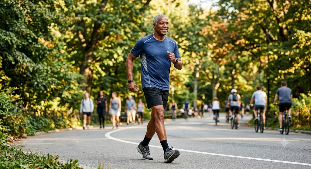 Hombre mayor afroamericano caminando de forma activa y saludable en un parque soleado, visualizando la movilidad e independencia como factor positivo para las aseguradoras.