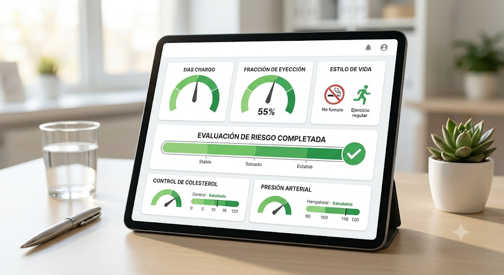 Panel de control digital moderno mostrando métricas de salud positivas, como fracción de eyección del 55% y estilo de vida saludable, para la evaluación de riesgo de un seguro de vida.