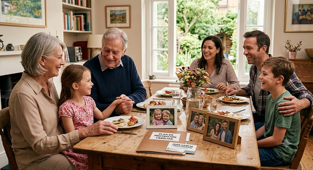 Un hombre mayor con Parkinson se sienta felizmente en una mesa de comedor con su familia multigeneracional, lo que representa la paz mental de asegurar su legado financiero.