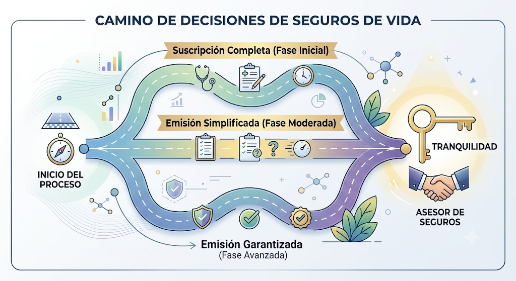 Un gráfico conceptual de flujo que muestra tres caminos para la cobertura de seguro de vida para el Parkinson: Completa, Simplificada y Garantizada, convergiendo en una llave de oro que representa la tranquilidad.