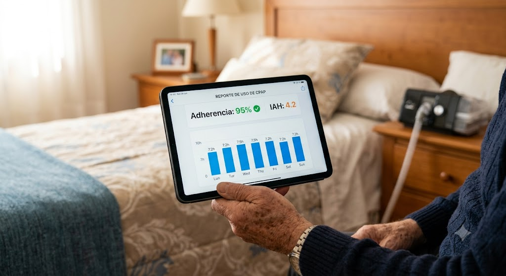 Primer plano de un hombre mayor revisando datos positivos de adherencia al CPAP e IAH en una tableta gráfica para presentar a su seguro.