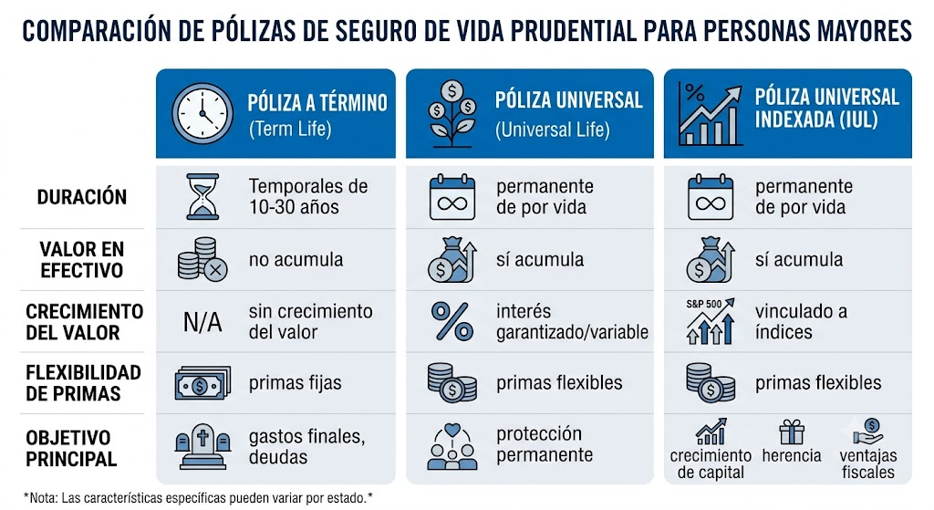 Infografía en español que compara tres tipos de seguros de vida de Prudential para personas mayores: Póliza a Término, Póliza Universal y Póliza Universal Indexada, detallando duración, valor en efectivo y objetivos principales.