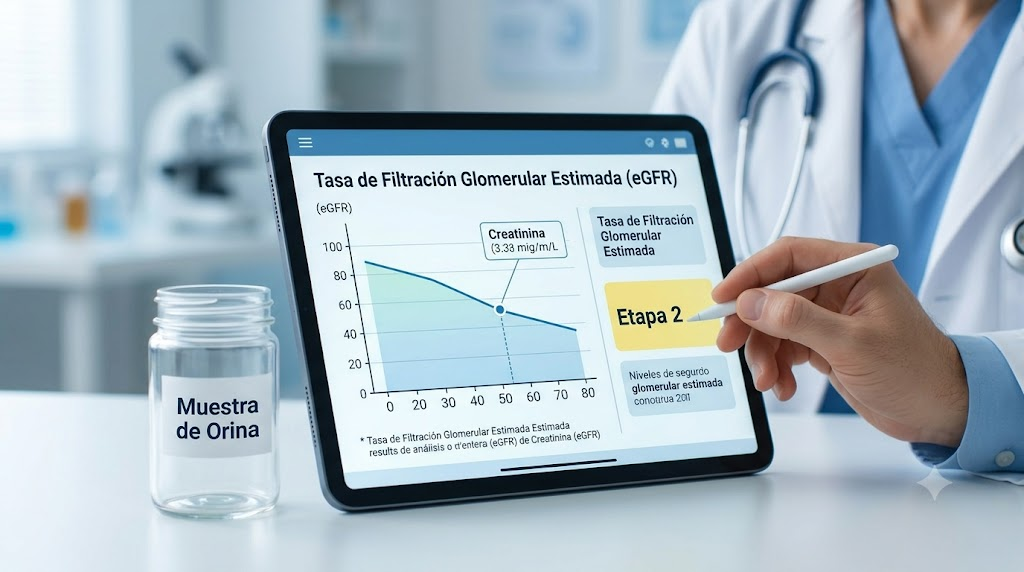 Primer plano de un médico sosteniendo una tableta que muestra un gráfico simplificado de eGFR y niveles de creatinina, indicando la Etapa 2 de la enfermedad renal para la evaluación del seguro de vida.