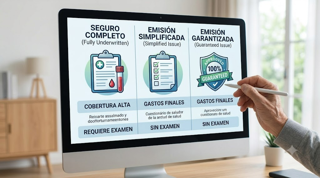 Infografía en pantalla de ordenador que compara visualmente el Seguro de Vida Completo, la Emisión Simplificada y la Emisión Garantizada para pacientes renales, mostrando los diferentes niveles de cobertura.