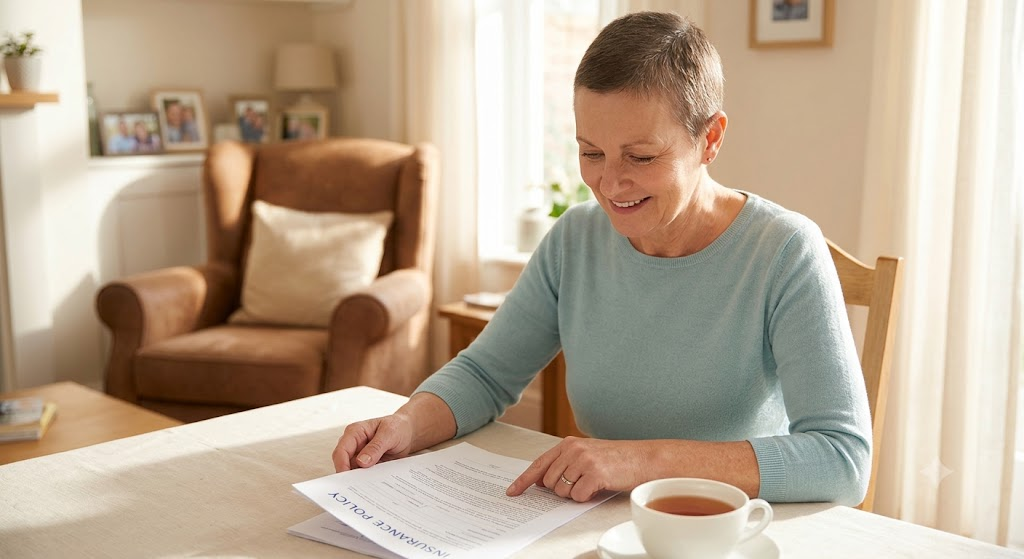 Superviviente de cáncer de mediana edad sonriendo y revisando una póliza de seguro de vida en casa, sintiendo alivio y seguridad.