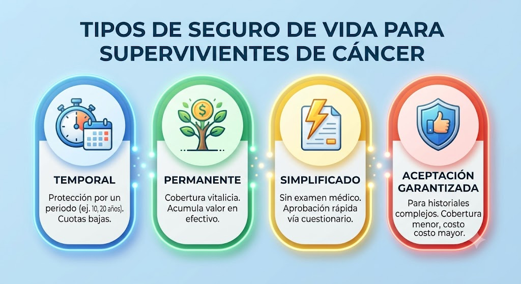 Infografía moderna en español que muestra cuatro tipos clave de opciones de seguro de vida para supervivientes de cáncer: temporal, permanente, simplificado y de aceptación garantizada.