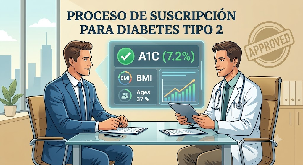 Una ilustración profesional que muestra a un suscriptor de seguros y un médico revisando un panel interactivo con datos de salud de diabetes tipo 2, como A1C, IMC y edad.