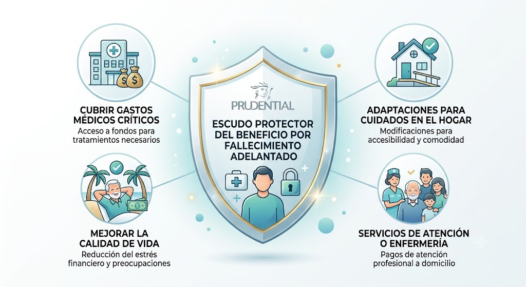 Infografía corporativa con un escudo central titulado "Escudo protector del beneficio por fallecimiento adelantado" de Prudential, rodeado de iconos explicativos sobre cobertura de gastos médicos y cuidados en el hogar para la tercera edad.