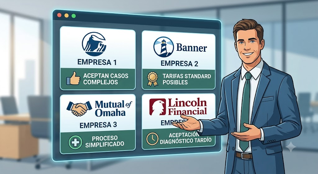 Un agente de seguros independiente señala un panel digital que muestra cuatro tarjetas simbólicas que representan diferentes compañías de seguros aceptadoras, con iconos de estado de 'Aprobado'.