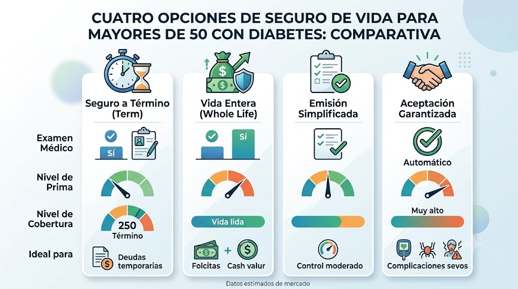 Infografía comparativa de cuatro tipos de seguros de vida para diabéticos mayores de 50 años: Término, Vida Entera, Emisión Simplificada y Aceptación Garantizada, mostrando costes y cobertura.