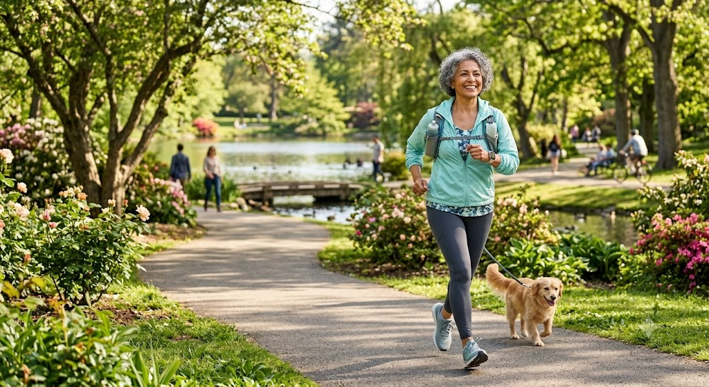 Mujer mayor de 50 años con diabetes, activo y sonriente, controlando su salud mientras hace ejercicio en un parque, simbolizando el control de la enfermedad para conseguir mejores tarifas de seguro de vida.