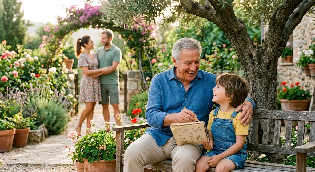 Abuelo y nieto interactuando felizmente, representando la transferencia de patrimonio y el legado familiar protegido por un seguro de vida entera de prima única.