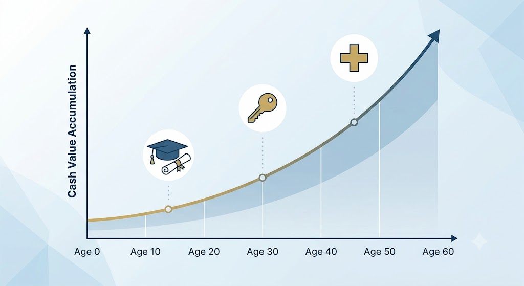 Un gráfico conceptual que muestra una curva ascendente de acumulación de valor en efectivo a lo largo de décadas en una póliza de seguro de vida entera para nietos, con iconos de universidad, casa y fondo de emergencia.