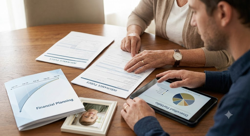 Manos adultas (abuelo y padre) revisando documentos de seguro de vida y planificación financiera de forma responsable en una mesa, con una pequeña foto de un nieto visible en el fondo.