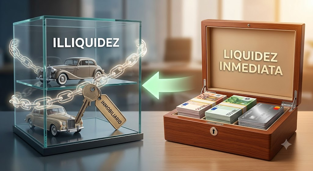Una comparación conceptual que muestra llaves de propiedades y activos valiosos bloqueados (iliquidez) frente a una caja fuerte abierta llena de efectivo accesible y tarjetas (liquidez inmediata) para planificación patrimonial.