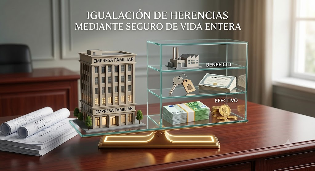 Una maqueta conceptual sobre un escritorio de oficina que ilustra la igualación de herencias: una empresa familiar equilibrada en una balanza frente a diferentes tipos de activos (efectivo, propiedades, certificados) para tres beneficiarios.