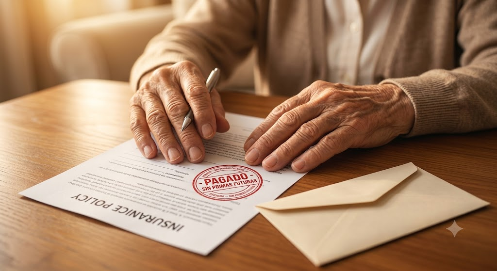 Un primer plano de las manos de una persona mayor sobre un documento de póliza de seguro con un sello de "PAGADO - SIN PRIMAS FUTURAS", representando el alivio financiero.
