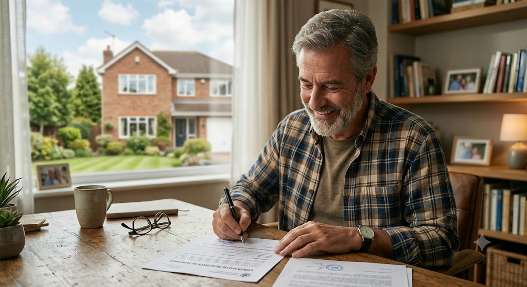 Hombre mayor de 50 años firmando documentos de una póliza de seguro de vida a término en su escritorio, simbolizando la protección financiera para la jubilación y el hogar.