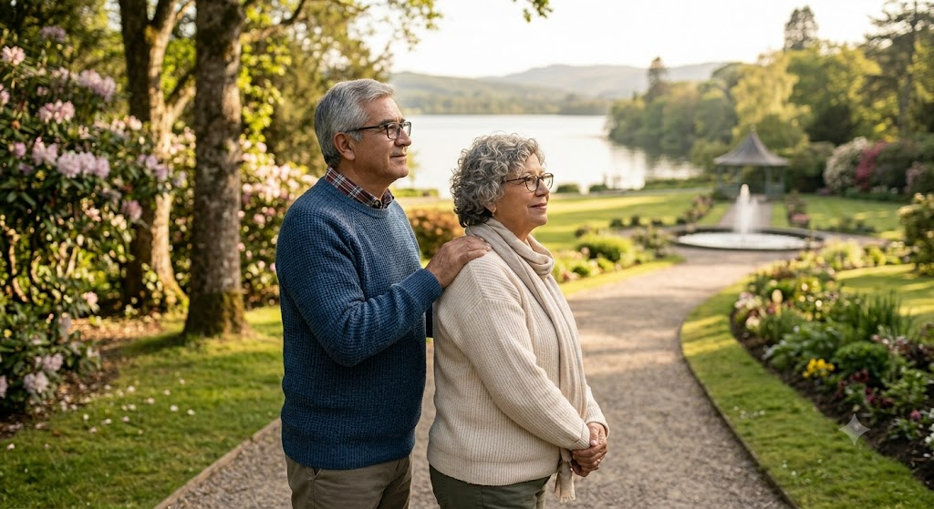 Pareja de jubilados mayores de 50 años compartiendo un momento pacífico en un jardín. Imagen sobre la tranquilidad que ofrecen las cláusulas de beneficios en vida del seguro de vida a término.