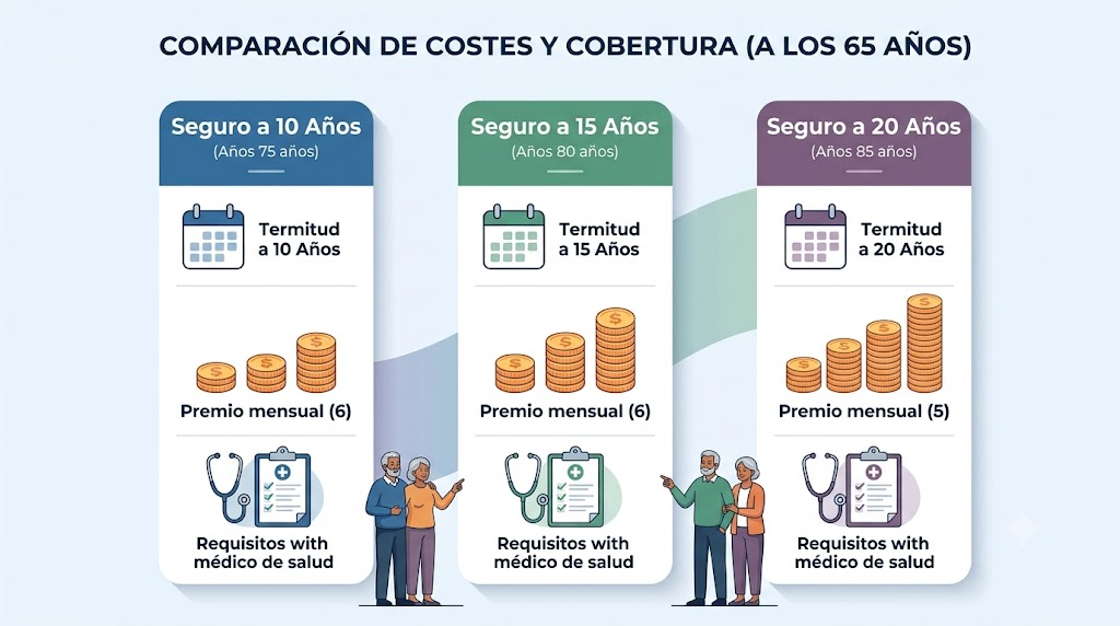 Infografía comparativa de seguros de vida a término a los 65 años: opciones de 10, 15 y 20 años, mostrando aumento de costes y requisitos de salud.