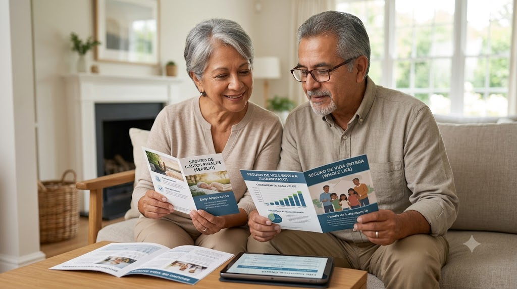 Pareja mayor de 65 años evaluando alternativas permanentes de seguro de vida, comparando folletos de Seguro de Vida Entera y Seguro de Gastos Finales en su sala de estar.