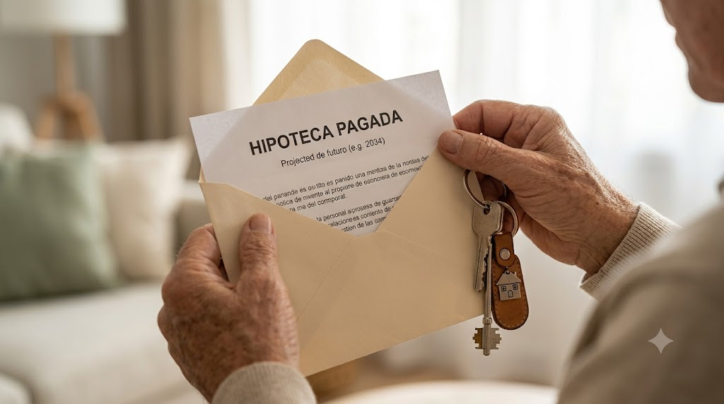 Manos de una persona mayor sosteniendo un documento de cancelación de hipoteca y llaves de casa, ilustrando la eliminación de deuda.