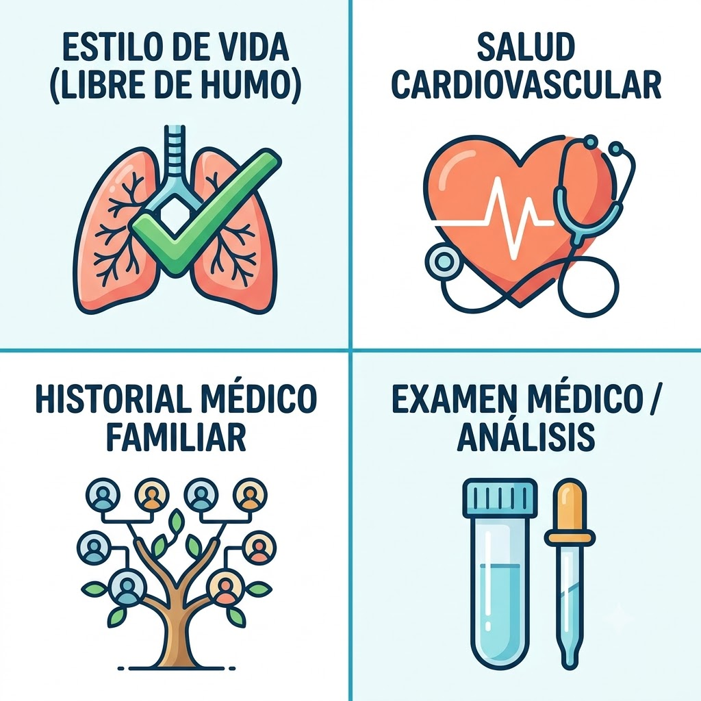 Iconos que representan los factores que influyen en el precio del seguro de vida a los 55: salud, tabaquismo, historial médico familiar y exámenes físicos.