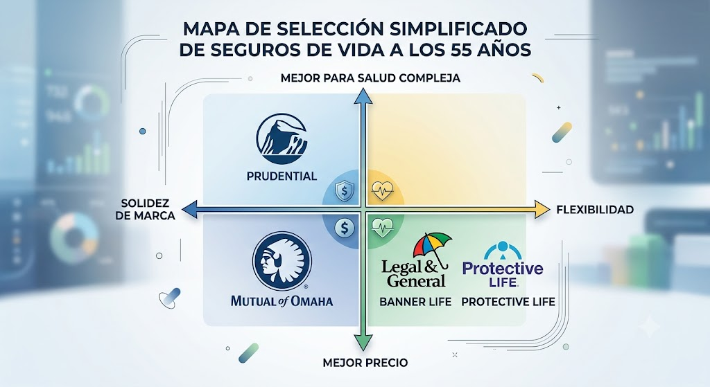 Gráfico de selección de las mejores compañías de seguro de vida a término de 20 años a los 55: Banner, Protective, Mutual of Omaha y Prudential comparadas.