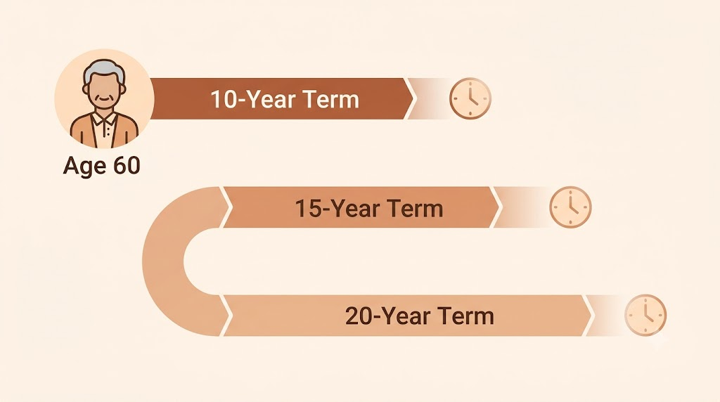 Infografía limpia que muestra una línea de tiempo desde los 60 años, dividida en segmentos de cobertura de 10, 15 y 20 años con iconos de relojes que se desvanecen.