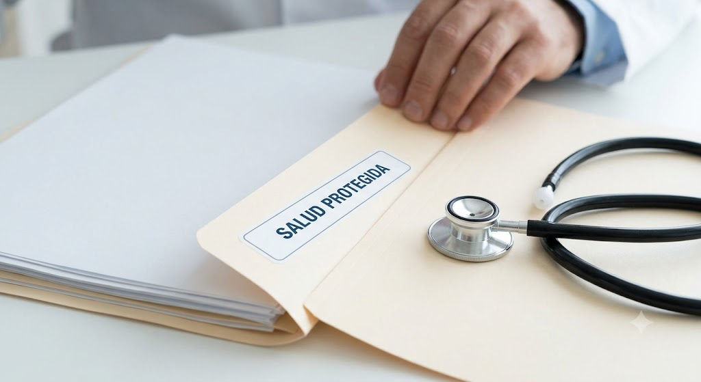 Primer plano de estetoscopio y carpeta médica con texto Salud Protegida representando la asegurabilidad garantizada en conversión de seguros.