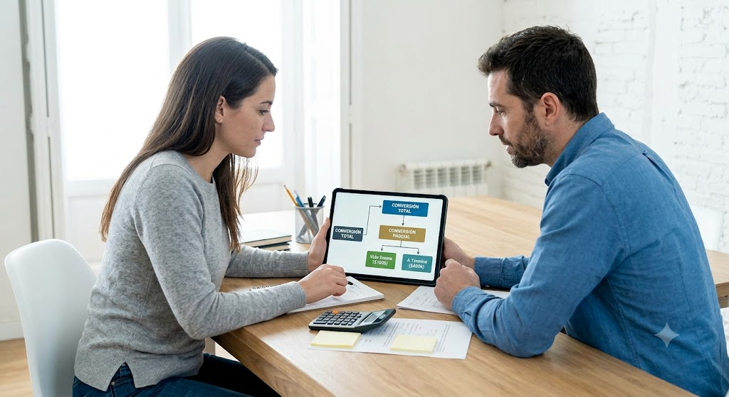 Pareja planificando finanzas y revisando diagrama de opciones de conversión total y parcial de seguro de vida en una tableta.