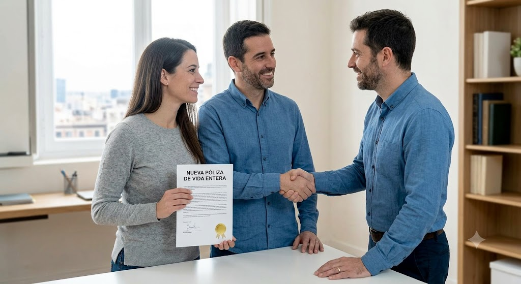 Pareja sonriente estrechando la mano de asesor financiero al recibir su nueva póliza de vida entera permanente tras la conversión exitosa.