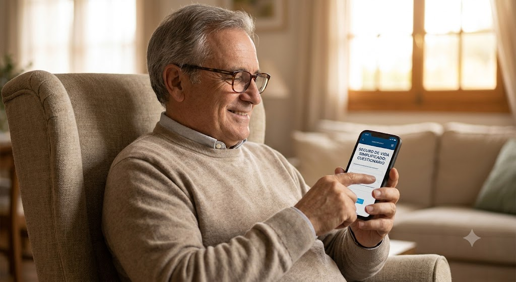 Hombre mayor sentado en su sala de estar sonriendo mientras completa un cuestionario de salud digital para un seguro de vida a término simplificado en su smartphone.