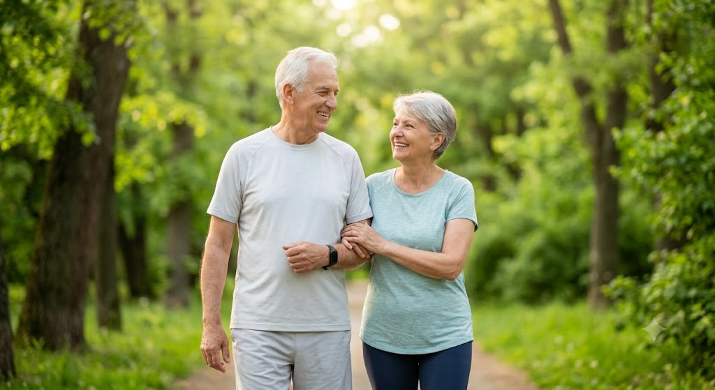 Pareja mayor sana y feliz caminando por un sendero de parque, simbolizando la tranquilidad y vitalidad que ofrece un seguro de vida sin examen médico.