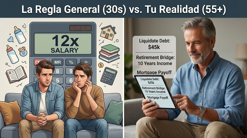 Gráfico comparativo: a la izquierda, una pareja joven confundida con una calculadora gigante que muestra "12x Salario"; a la derecha, un hombre de 55 años relajado mirando una tableta con cálculos específicos de "Liquidar deuda" y "Puente de jubilación".