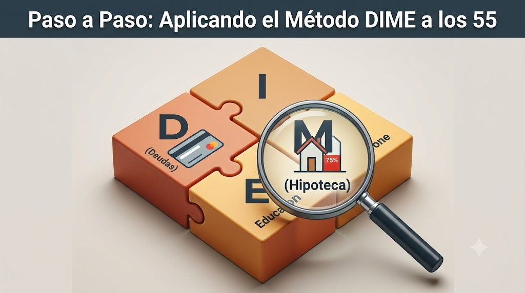 Diagrama modular de la fórmula DIME para seguros de vida. Cuatro bloques entrelazados (Deuda, Ingresos, Hipoteca, Educación). Una lupa resalta los bloques "D (Deudas)" y "M (Hipoteca)".