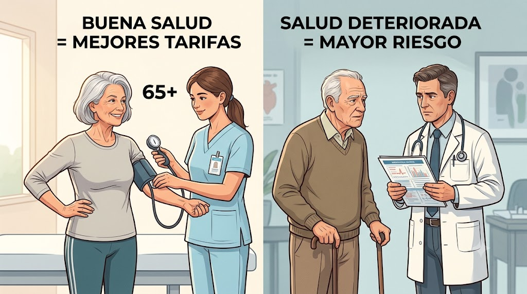 Infografía ilustrada que compara a una mujer mayor saludable con tarifas bajas contra un hombre mayor con salud deteriorada y mayor riesgo en un examen médico de seguros.