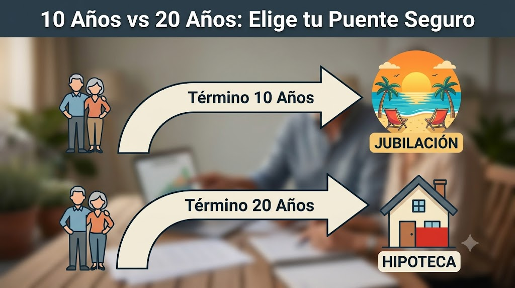 Dos caminos financieros: El camino superior "Término 10 Años" lleva directamente a un icono de playa "JUBILACIÓN". El camino inferior "Término 20 Años" corre paralelo a una casa con una hipoteca parcial pendiente.