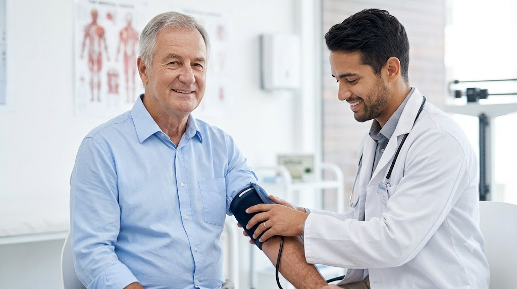 Hombre mayor teniendo un chequeo de salud rutinario con un médico, ilustrando el factor médico en la evaluación de seguros de vida.