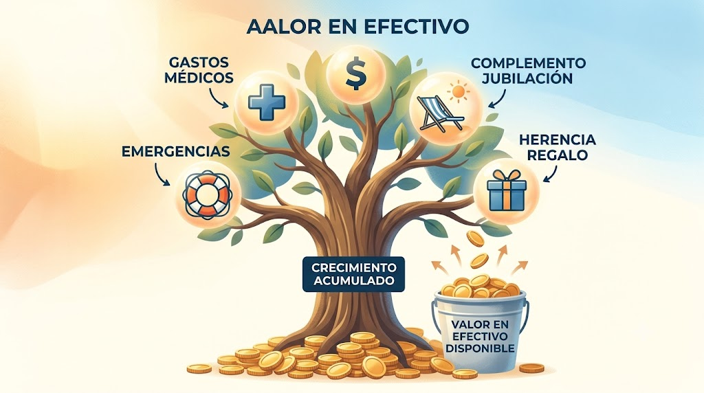 Diagrama ilustrativo de un árbol que crece de monedas, representando la acumulación de valor en efectivo en una póliza de vida entera y sus usos en vida.