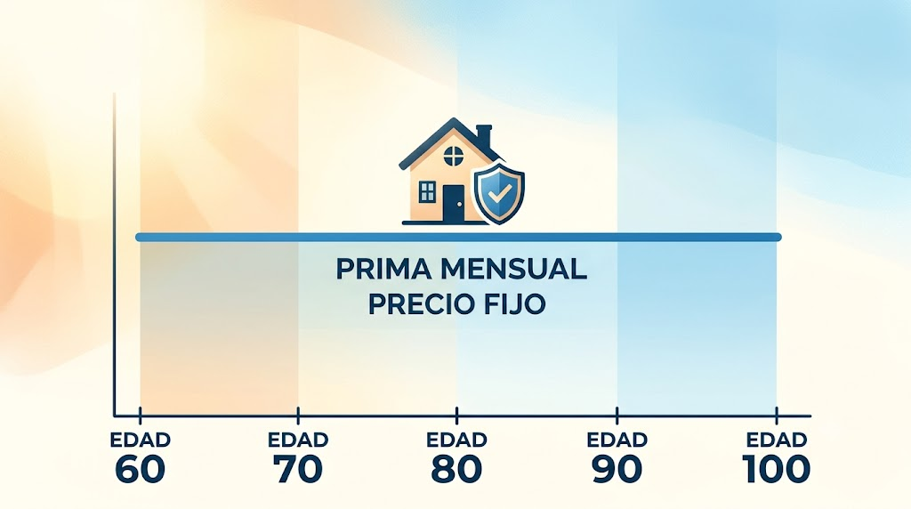 Gráfico conceptual que muestra una línea de prima mensual fija y constante a lo largo de los años de la vida de una persona mayor.