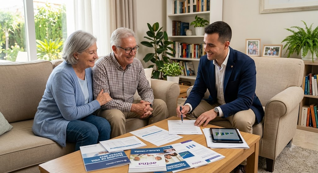Una pareja mayor sonriente y un planificador financiero joven revisando documentos de seguros en una sala de estar, ilustrando el proceso de planificación patrimonial y consulta para seguros de vida entera.