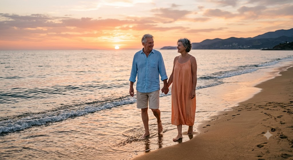 Una pareja mayor feliz y relajada caminando por la playa al atardecer, simbolizando la tranquilidad y la jubilación segura gracias a una buena planificación con seguro de vida entera.