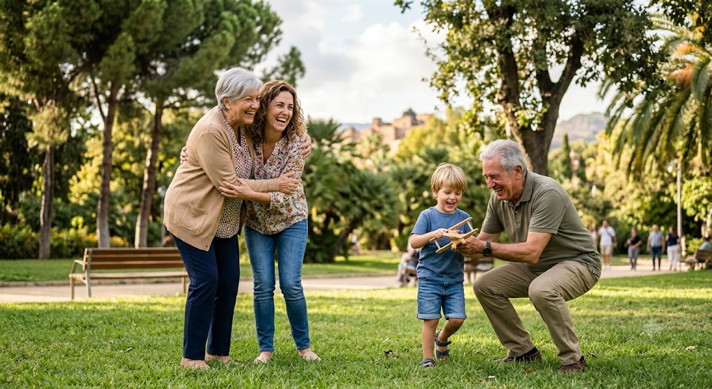 Una familia intergeneracional de aspecto feliz compartiendo un momento en un parque, representando el legado familiar y la protección de los seres queridos a través de un seguro de vida entera para personas mayores en 2026.