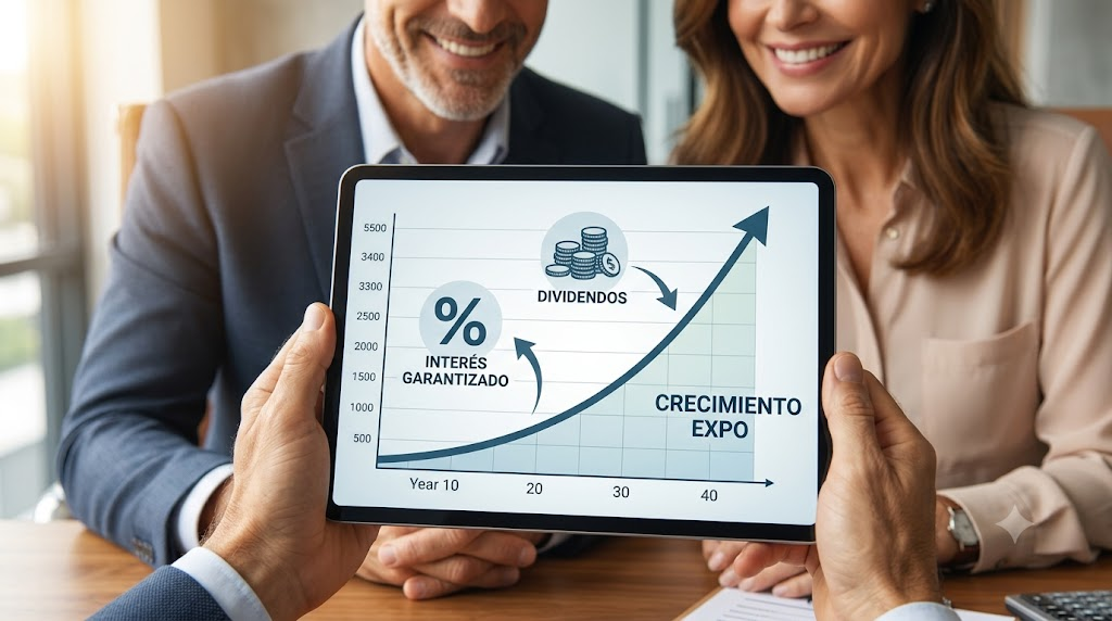 Primer plano macro de una tableta sostenida por manos, mostrando un gráfico de línea con curva exponencial de 'palo de hockey' que sube drásticamente a través de décadas, con iconos de 'INTERÉS GARANTIZADO' y 'DIVIDENDOS'.