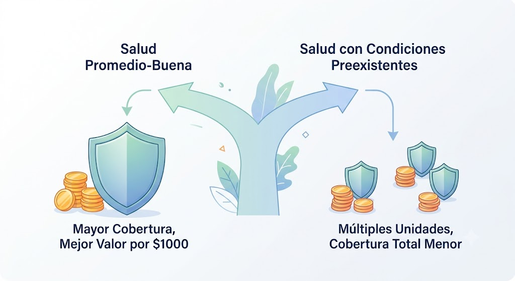 Ilustración que compara cómo el estado de salud afecta la eficiencia del costo del seguro de vida, mostrando mayor valor por el dinero con una salud promedio.