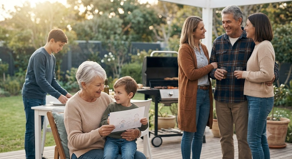 Escena familiar feliz en un patio trasero al atardecer, con abuelos (la pareja de la imagen anterior), hijos y nietos disfrutando juntos.