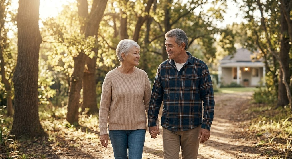Pareja de jubilados (la misma de todas las imágenes) caminando de la mano en un sendero arbolado y soleado, disfrutando de paz y seguridad financiera.