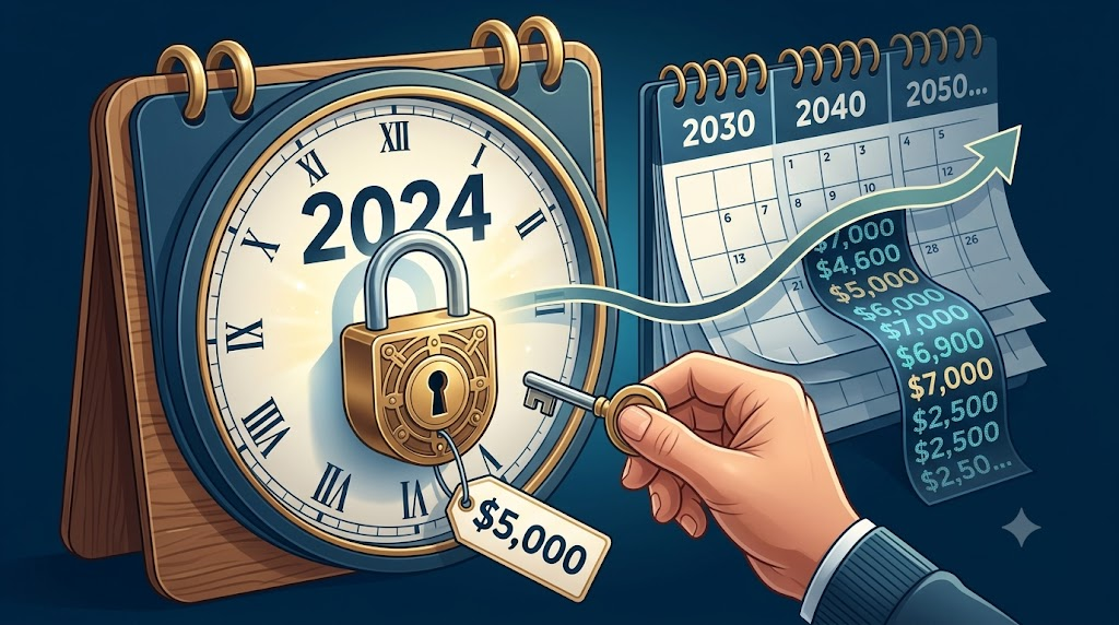 Una ilustración conceptual que muestra un candado bloqueando el año '2024' en un calendario de precios funerarios, mientras que un segundo calendario dinámico muestra precios subiendo en años futuros. Representa cómo un Plan Funerario Prepagado congela las tarifas actuales contra la inflación.